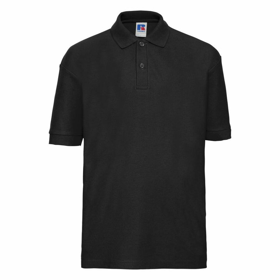 A plain black polo shirt, featuring short sleeves and a collar, from the Russell brand (Product Name: J539B), displayed on a white background.