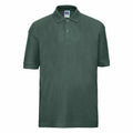 Russell's J539B, a green polo shirt featuring a collar and button placket, displayed against a white background.