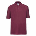 A maroon polo shirt from Russell, model J539B, featuring short sleeves, a classic collar, and a button-up front.