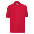 Introducing the J539B by Russell, a red polo shirt with short sleeves, a stylish collar, and a buttoned placket.