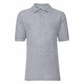 The product image features the Russell J539B, a plain gray polo shirt with short sleeves and a buttoned collar, displayed on a plain white background and free from any visible logos.