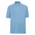 Product Description: The J539B by Russell is a light blue polo shirt featuring short sleeves and a classic collar. It includes a three-button placket and has a small logo tag on the inside of the collar. The shirt is showcased against a plain white background.