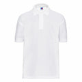 A simple white short-sleeve polo shirt featuring a collar and three buttons, branded as the Russell J539B.