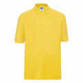 A plain yellow polo shirt by Russell, featuring short sleeves, a collar, and a two-button placket. Model: J539B.