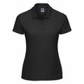 Russell's J539F black short-sleeve polo shirt, featuring a stylish collar and two buttons, set against a clean white background.