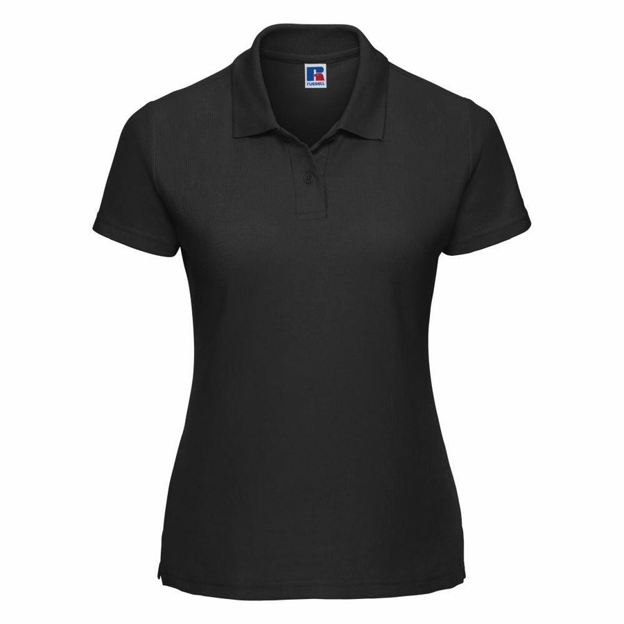 Russell's J539F black short-sleeve polo shirt, featuring a stylish collar and two buttons, set against a clean white background.