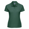 Russell's J539F is a green short-sleeve polo shirt featuring a collar and button placket, showcased on a plain white background.
