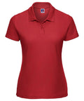 Russell's J539F is a red polo shirt featuring a collar and short sleeves against a white background.