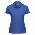A Russell J539F polo shirt, displayed against a white background, featuring short sleeves, a collar, and a three-button placket in a blue color.