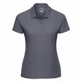 The J539F by Russell is a gray short-sleeve polo shirt featuring a collar and three buttons on the front. It includes a small logo on the inside of the collar and has a smooth, lightweight fabric.