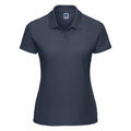 The Russell J539F is a plain dark gray short-sleeve polo shirt featuring a collar and a two-button placket, presented against a white background.