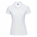 A plain white short-sleeve polo shirt featuring a collar from the Russell brand, identified as product J539F, displayed against a white background.