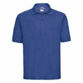 A plain blue Russell J539M polo shirt with a collar and short sleeves, featuring three buttons down the front.