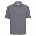 Introducing the Russell J539M: a sleek gray polo shirt featuring short sleeves and a collared, button-up neckline. It's elegantly displayed against a white background.