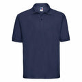 A plain navy blue J539M polo shirt by Russell with short sleeves and a collar, displayed on a white background. The shirt features a three-button placket and simple design.