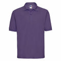 A Russell J539M plain purple polo shirt featuring a collar and three buttons on the front.