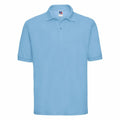 A plain light blue J539M polo shirt from Russell, featuring short sleeves and a collar. It includes a buttoned placket and is displayed on a white background.