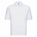 The Russell J539M is a simple white short-sleeve polo shirt featuring a collar and buttons, showcased against a white background.