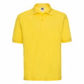 A vibrant yellow Russell polo shirt, model J539M, featuring a collar and short sleeves.