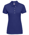 Russell's J566F is a blue short-sleeve polo shirt featuring a collar and three buttons down the front.