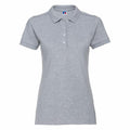 A plain gray polo shirt by Russell (Product Name: J566F), featuring short sleeves, a collar, and a button placket down the front.