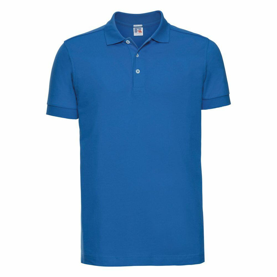 The Russell J566M is a simple blue polo shirt featuring short sleeves and a three-button collar.