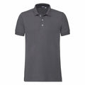 Russell's J566M is a basic gray polo shirt featuring short sleeves, a classic collar, and three buttons down the front. It's showcased against a white background.