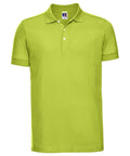 Introducing the Russell J566M: a vibrant lime green polo shirt, complete with short sleeves and a classic collar. This stylish shirt also includes a practical three-button placket to enhance its look.