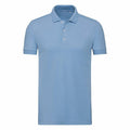 A Russell J566M polo shirt featuring short sleeves and a buttoned collar, set against a plain white background in light blue.