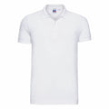 Russell's J566M, a white polo shirt featuring a collar and short sleeves, is displayed on a plain background.