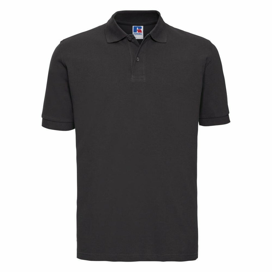 A plain black polo shirt with short sleeves and a collar from Russell, model J569M.