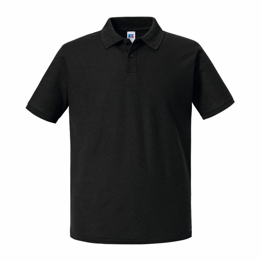 A J570M polo shirt from Russell, in a plain black design featuring a collar and short sleeves, set against a white background.