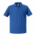 A Russell J570M plain blue polo shirt featuring a collar and short sleeves.