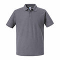 Russell's J570M gray polo shirt features a collar and short sleeves, presented against a white background. The front design is minimalist with a small, subtle logo located near the top.