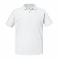 A plain White Russell J570M polo shirt featuring a collar and buttons, displayed against a white background. The shirt boasts short sleeves and a classic, simple design.