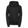 The Russell J575B, a black hooded sweatshirt featuring a front pocket, is displayed against a white background.