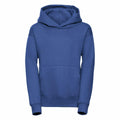 A Russell J575B hooded sweatshirt in blue, featuring a front kangaroo pocket, displayed against a white background.