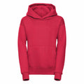 A vibrant red hoodie from Russell, model J575B, featuring a large front pocket and a spacious hood, displayed against a plain white background. The hoodie offers a casual, comfortable style perfect for everyday wear.