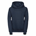 The Russell J575B is a plain dark blue hoodie featuring long sleeves and a front pocket, displayed against a white background.