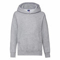 The Russell J575B features a simple gray design with long sleeves, a front pocket, and a hood, showcased against a white backdrop.