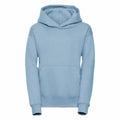 A light blue Russell J575B hoodie on a white background. The hoodie features a front kangaroo pocket, long sleeves, and a simple design without any logos or decorations.