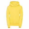 Russell's J575B hooded sweatshirt in yellow, featuring a front pocket and showcased on a white background.