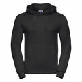 A black hoodie from Russell, model J575M, featuring a front pocket and a drawstring hood.