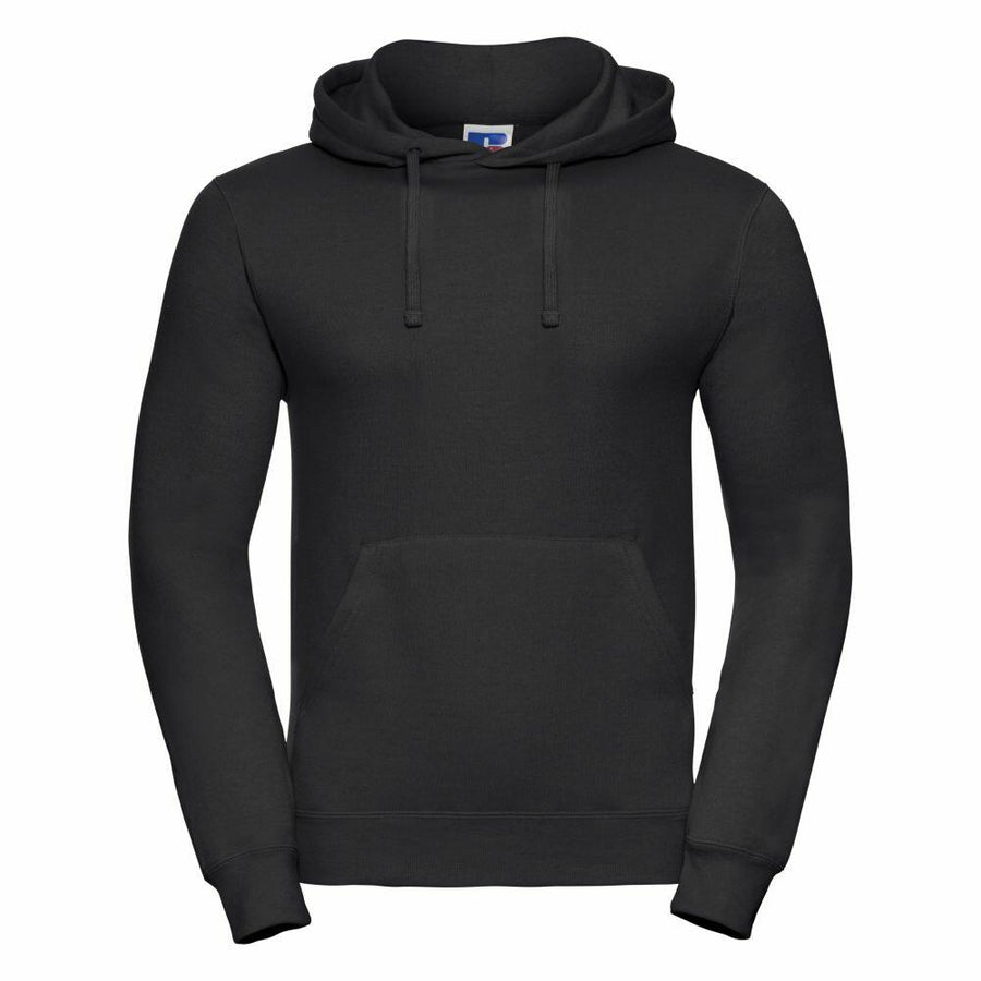 A black hoodie from Russell, model J575M, featuring a front pocket and a drawstring hood.