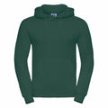 Russell J575M dark green hooded sweatshirt featuring a front pocket and drawstring hood, showcased against a plain white background.