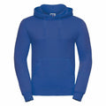 The Russell J575M is a blue hoodie featuring long sleeves, a front pocket, and a drawstring hood.