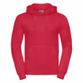 A Russell J575M red hoodie, featuring a front pocket and drawstring hood, showcased against a white background.