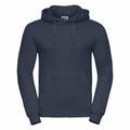 A plain dark gray Russell J575M hoodie featuring a front pocket and drawstrings on the hood, set against a white background.