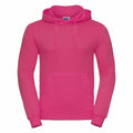 A vibrant pink Russell J575M hoodie featuring a front pocket and a drawstring hood.