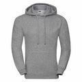 The Russell J575M is a gray hooded sweatshirt featuring long sleeves, a front pocket, and adjustable drawstrings. Made to be soft and comfortable, it is designed for casual wear and is showcased on a white background without any visible logos or designs.